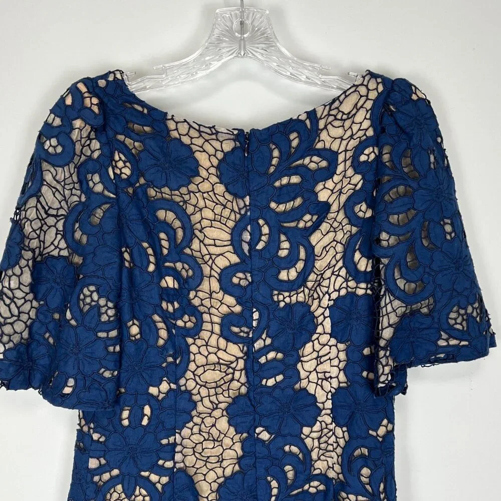 Tracy Reese Womens Blue Lace Overlay Short Sleeve Dress Linen Cotton size 2 - Picture 6 of 10
